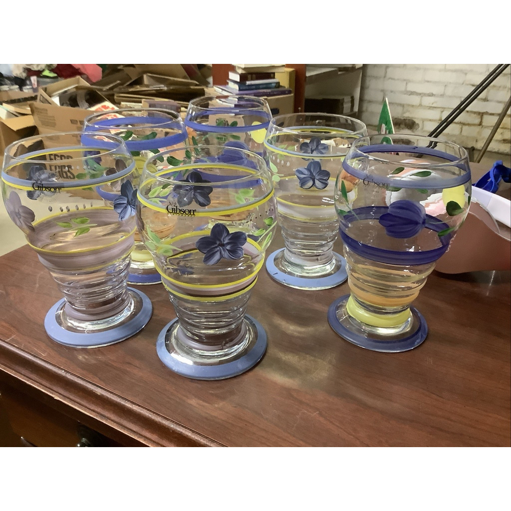 Set of 6 Gibson Bella 6 1/4” Tall Goblet Glasses Purple Blue Green Flower